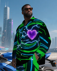 Big Men's Abstract Burst Lightning Heart Printed Long Sleeve Shirt Pants 2-Piece Set