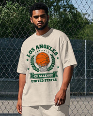 Big Men's Casual Cartoon Basketball LOS ANGELES Letter Printed Short Sleeve T-shirt Pants Set