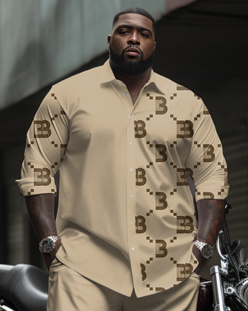 Big & Tall Men's Business Khakis B Letter Diamond Pattern Printed Long Sleeve Shirt Pants Suit