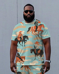 Big Men Hawaiian Style Horse Riding Cowboy Print Short Sleeve T-shirt and Shorts Set