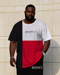 Men's Plus Size Casual Black & Red & White Geometric Color-block "Respect" Slogan Printed Short-sleeved T-shirt Trousers Suit