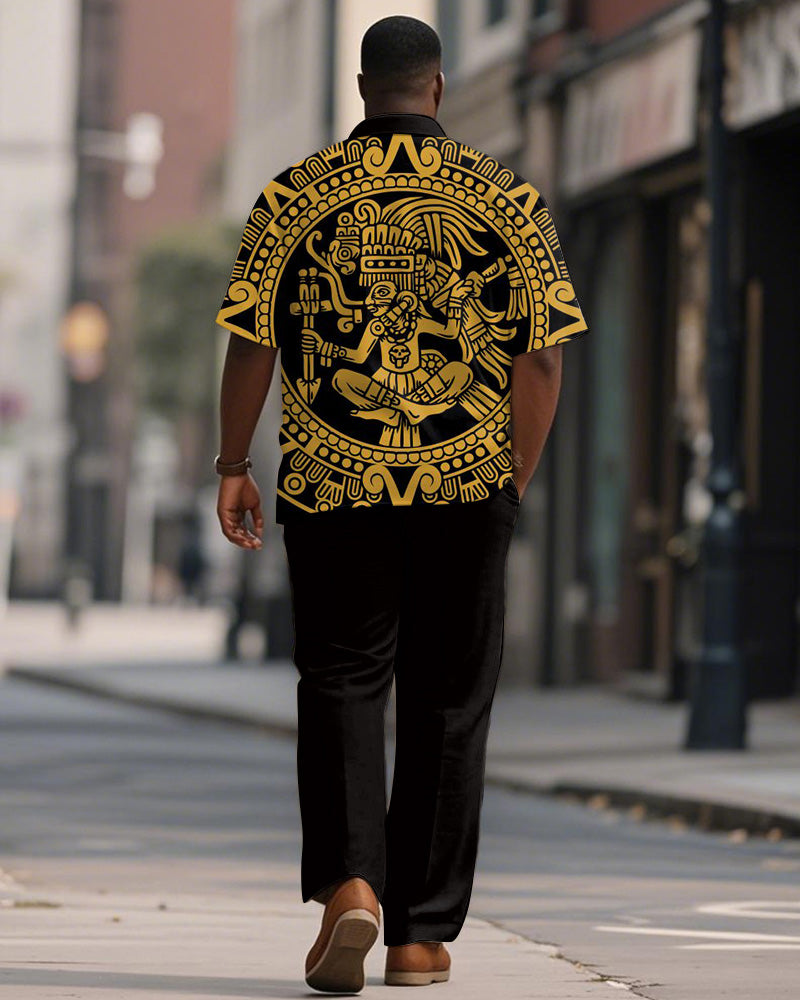 Men's Plus Size Black And Yellow Aztec Ethnic Style Printed Short Sleeve Shirt Trousers Suit