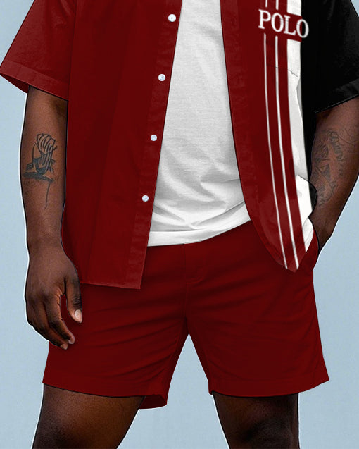 Big Men's Simple POLO Letter & Splicing Color Block Printed Short Sleeve Shirt Shorts Set