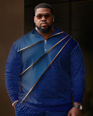 Men's Large Size Geometric Zipper Polo Shirt and Pants Two-piece Set