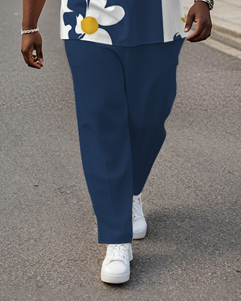 Men's Plus Size Blue And White Flower Colorblock Stripe Geometric Print Henry Collar T-Shirt Trousers Suit