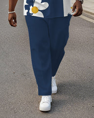 Men's Plus Size Blue And White Flower Colorblock Stripe Geometric Print Henry Collar T-Shirt Trousers Suit