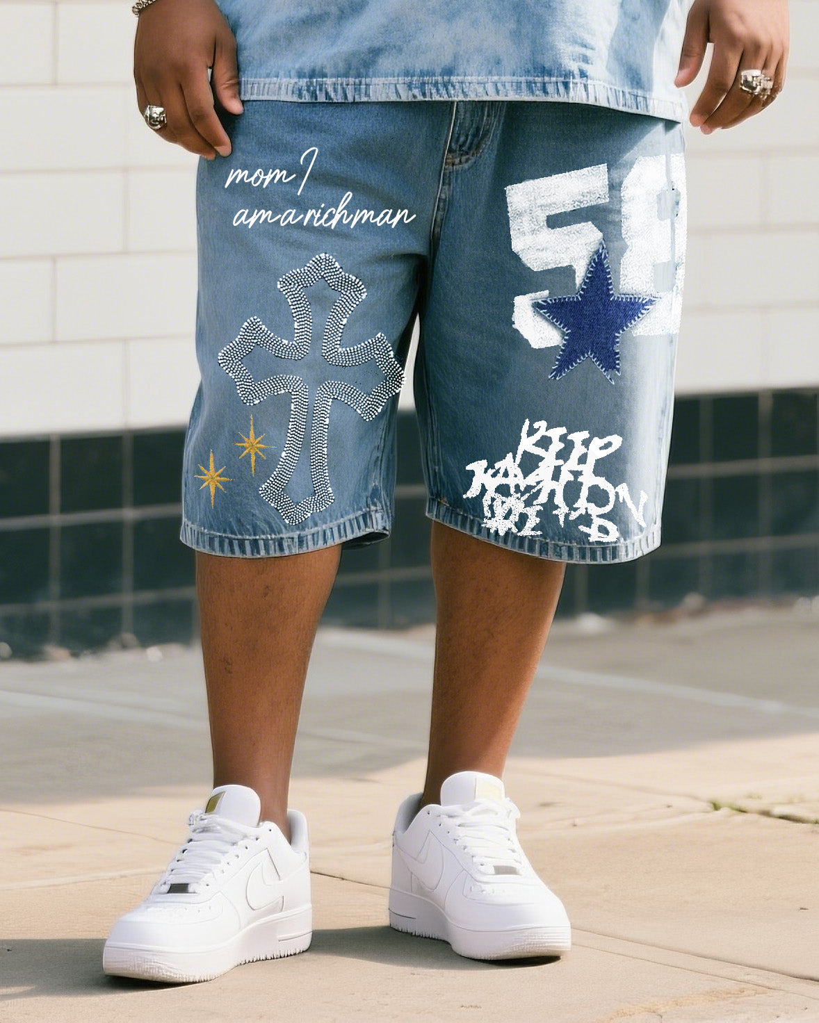 Big Shit Fashion Street Printed Short Sleeve Shorts Denim Suit