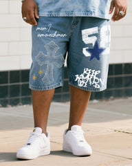 Big Shit Fashion Street Printed Short Sleeve Shorts Denim Suit