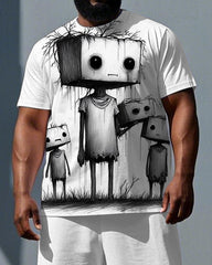 Men's Casual Fashion Robot Illustration Print Big & Tall Summer Short-Sleeve T-shirt Shorts Set