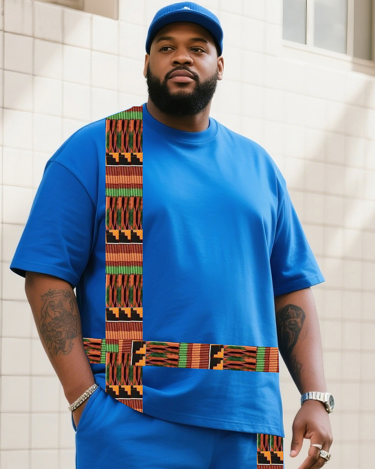 Men's Plus Size Creative Striped Cross Print T-Shirt Shorts Suit
