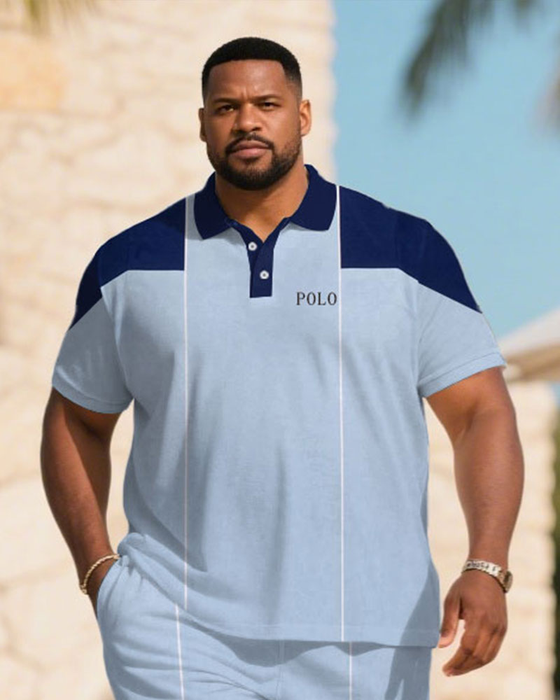 Big & Tall Men's Summer Blue Business Small Label Printed Polo Short Sleeve Shirt Shorts Suit