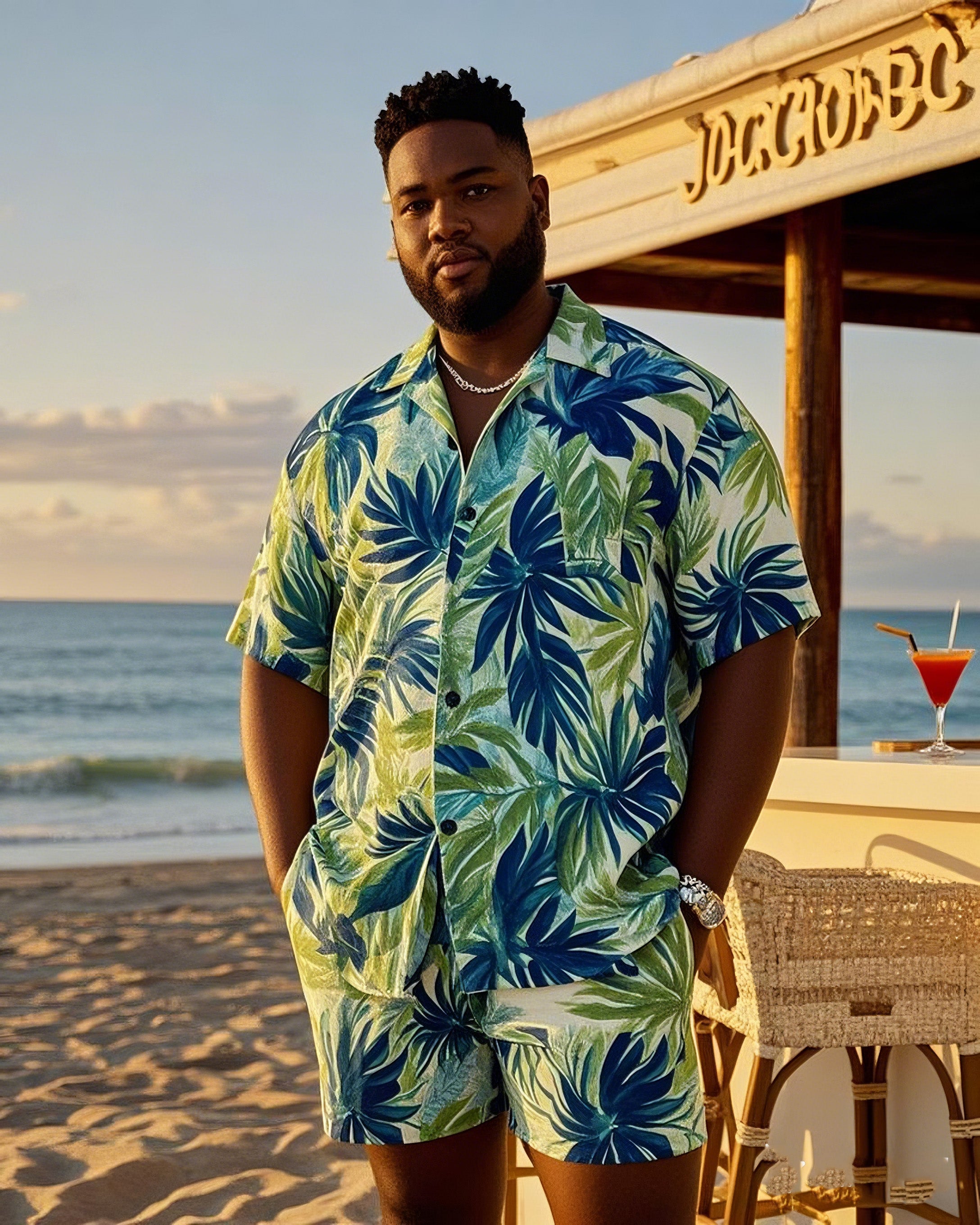 Plus Size Men's Beach Pants Hawaiian Style Short Sleeve Shirt Shorts Suit