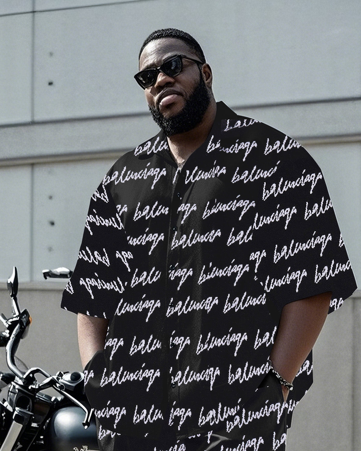 Big Man's Motorcycle Style Daily Casual English Color Block Printing Short Sleeve Shirt Shorts Suit