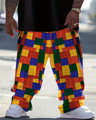 Men's Large Street Casual Building Blocks Patchwork Printed T-Shirt Trousers Suit