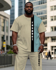 Men's Plus Size Casual Khaki & Blue Printed Short Sleeve T-Shirt Trousers Suit