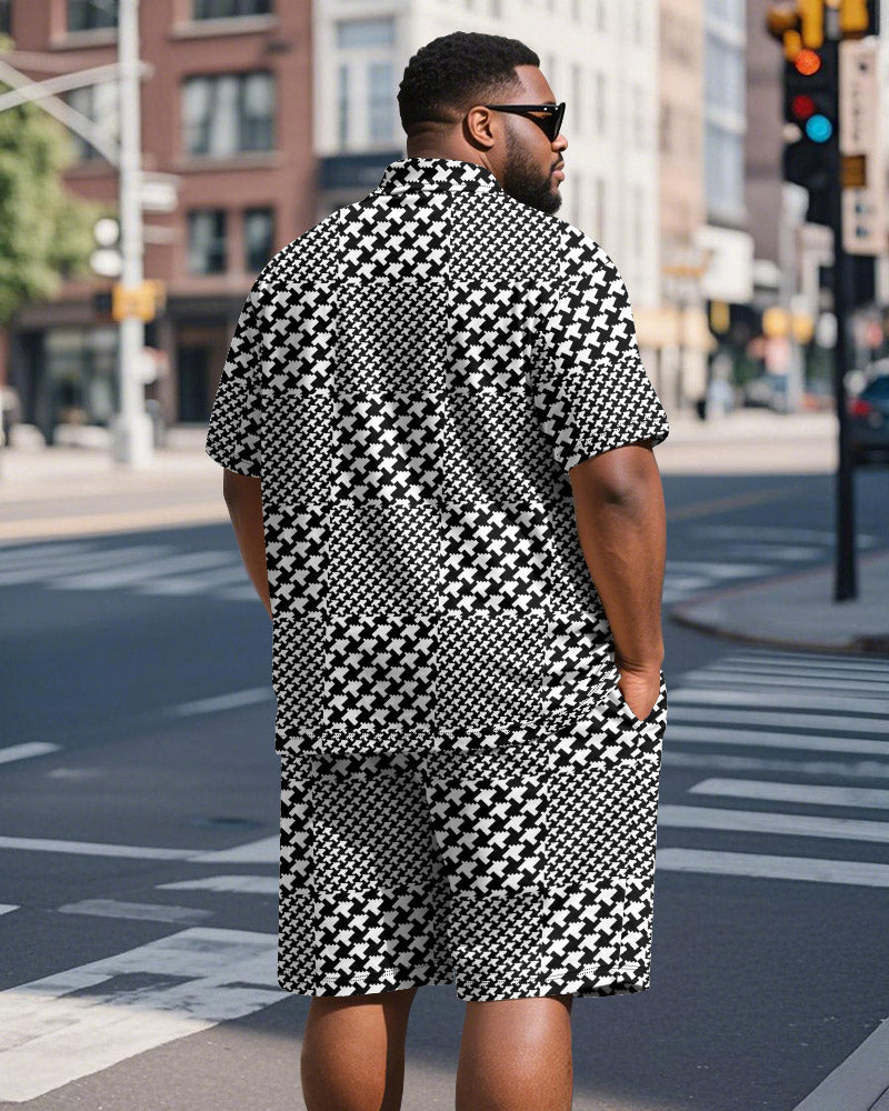 Men's Plus Size Business Houndstooth Checkerboard Printed Short Sleeve Polo Shirt Shorts Suit