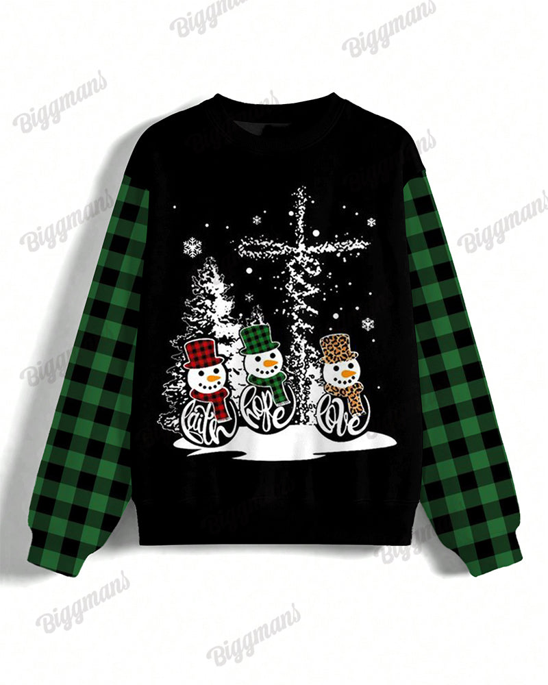 Women's Plus Size Faith Hope Love Snowman Plaid Print Long Sleeve Sweatshirt