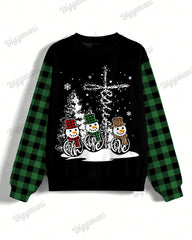 Women's Plus Size Faith Hope Love Snowman Plaid Print Long Sleeve Sweatshirt