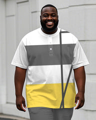 Men's Plus Size Yellow Grey Colorblock Stripe Geometric Print Henry Collar T-Shirt Trousers Suit