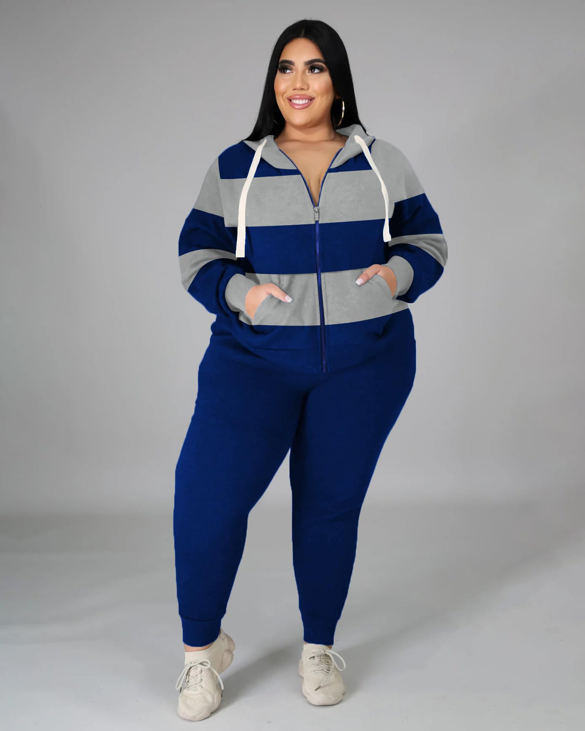 Women's Plus Size 2 Piece Tracksuit Stripe Zipper Hoodie and Pants Set