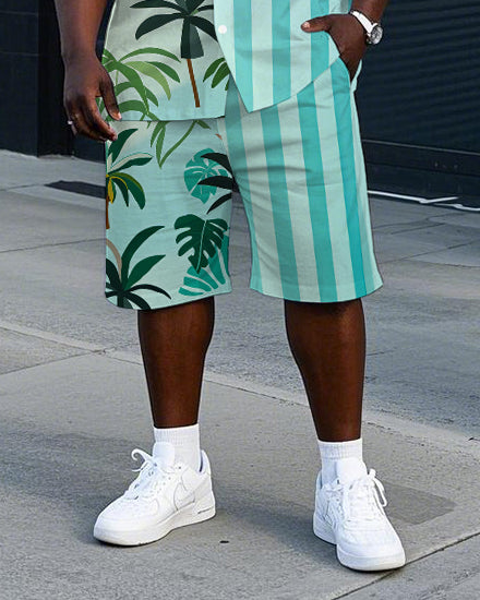 Big Men's Coconut Trees and Stripes Splicing Style Hawaiian Cuban Collar Short Sleeve Shirt Shorts Set