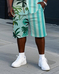 Big Men's Coconut Trees and Stripes Splicing Style Hawaiian Cuban Collar Short Sleeve Shirt Shorts Set