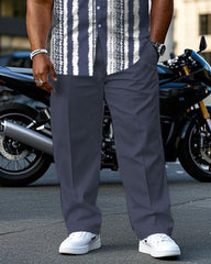 Men's Plus Size Tie Dye Stripe Effect Fog Blue Short Sleeve Shirt Pants Suit