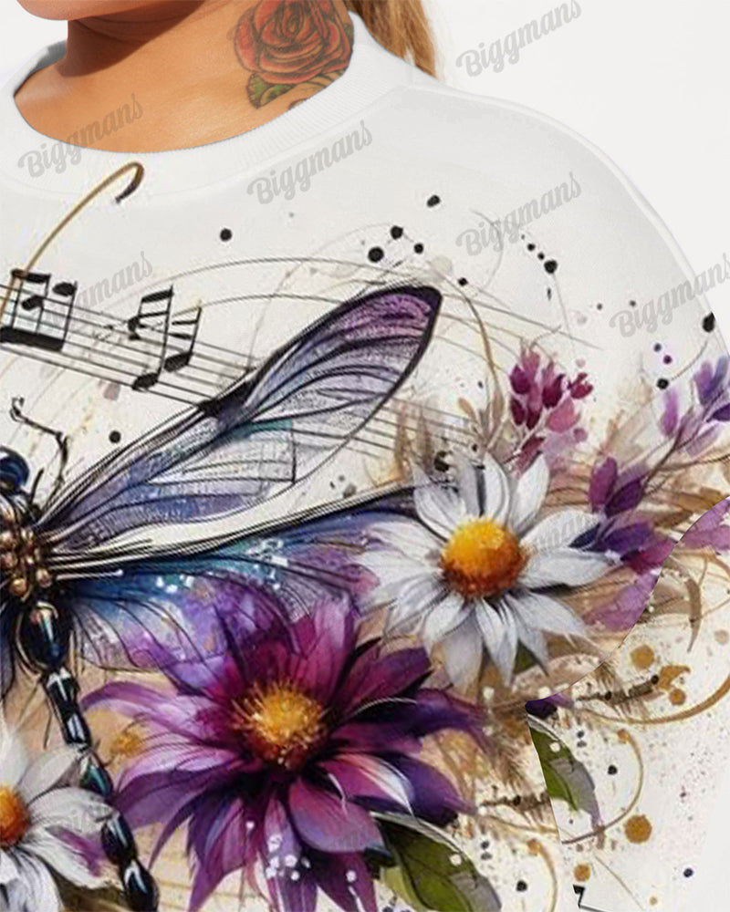 Women's Plus Size Dragonfly and Musical Notes Print Long Sleeve Sweatshirt