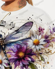 Women's Plus Size Dragonfly and Musical Notes Print Long Sleeve Sweatshirt