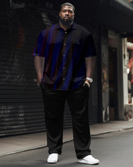 Gradient Stripe Pattern Large Size Classic Printed Men's Short Sleeve Pants Set