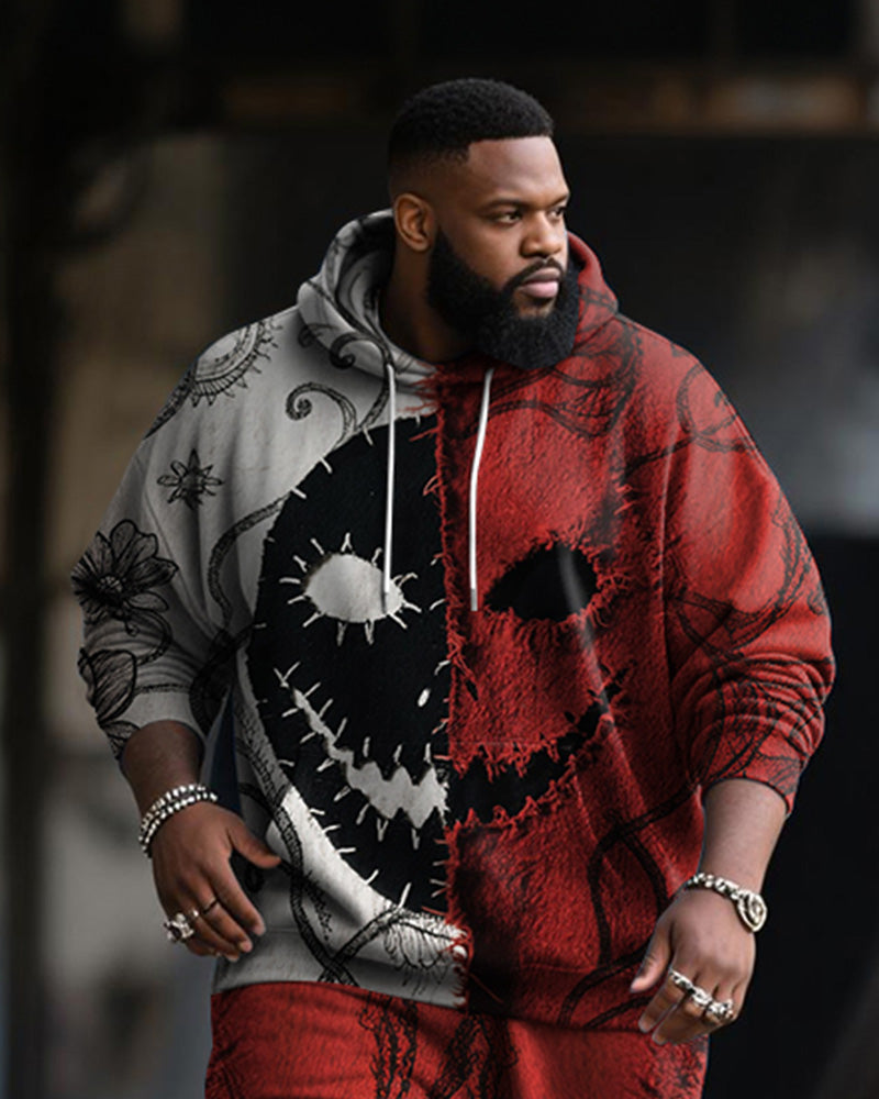 Big & Tall Men's Halloween Black Red Mask Emoji Contrast Stitch Print Hoodie Suit