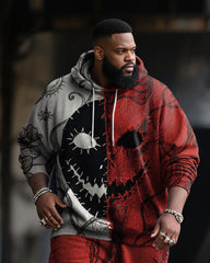 Big & Tall Men's Halloween Black Red Mask Emoji Contrast Stitch Print Hoodie Suit