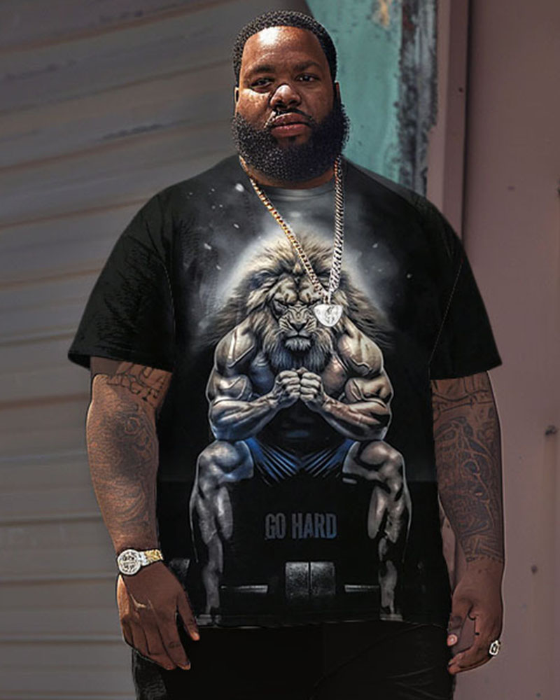 Men's Plus Size Strong Lion Print Short Sleeve T-Shirt and Shorts Set