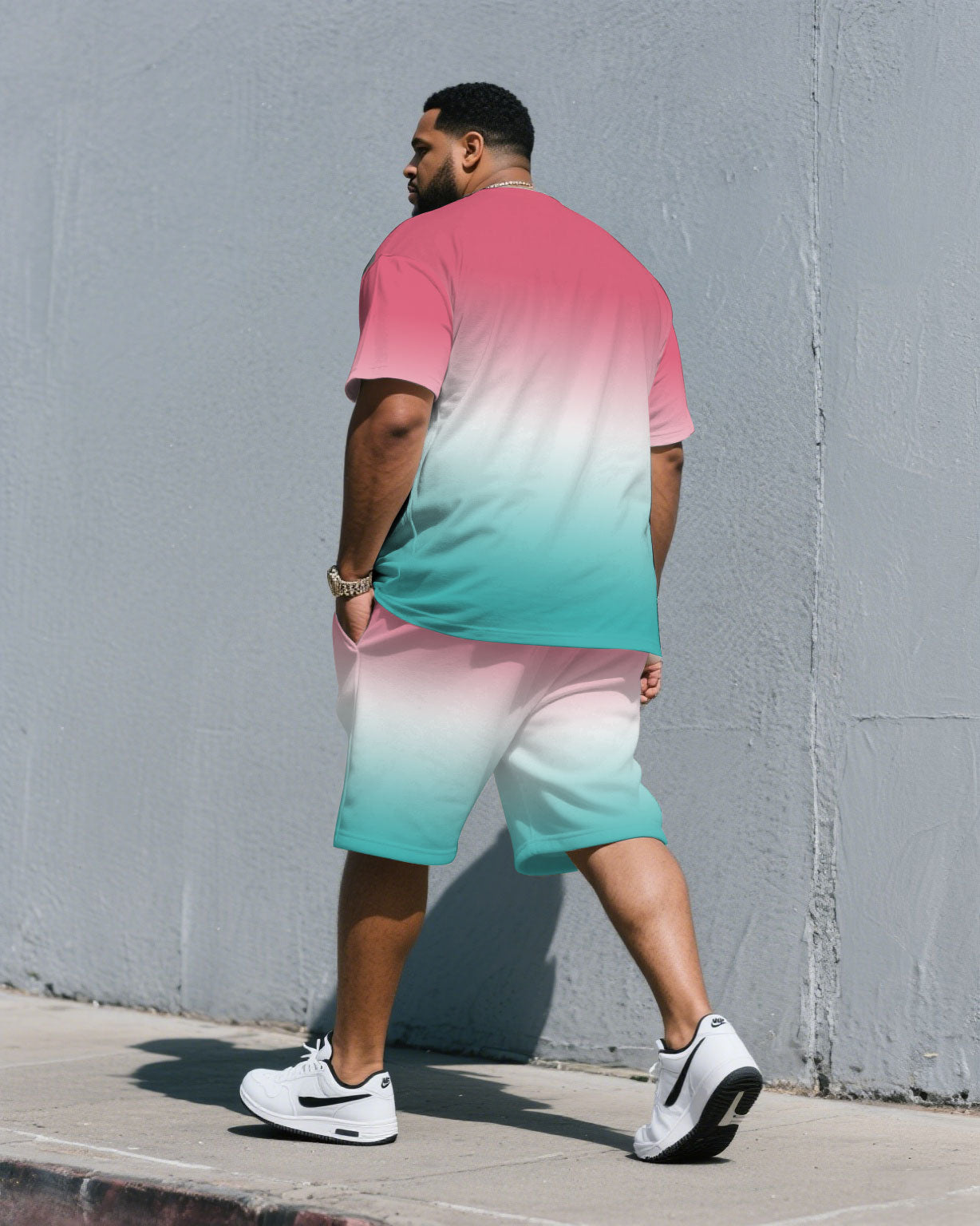 Men's Plus Size Fashion Pink & White & Blue Chest Small Label Printed Round Neck Short Sleeve T-Shirt Shorts Suit
