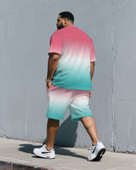 Men's Plus Size Fashion Pink & White & Blue Chest Small Label Printed Round Neck Short Sleeve T-Shirt Shorts Suit