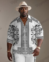 Men's Plus Size Luxury Retro White Pattern Long Sleeve Shirt Trousers Suit