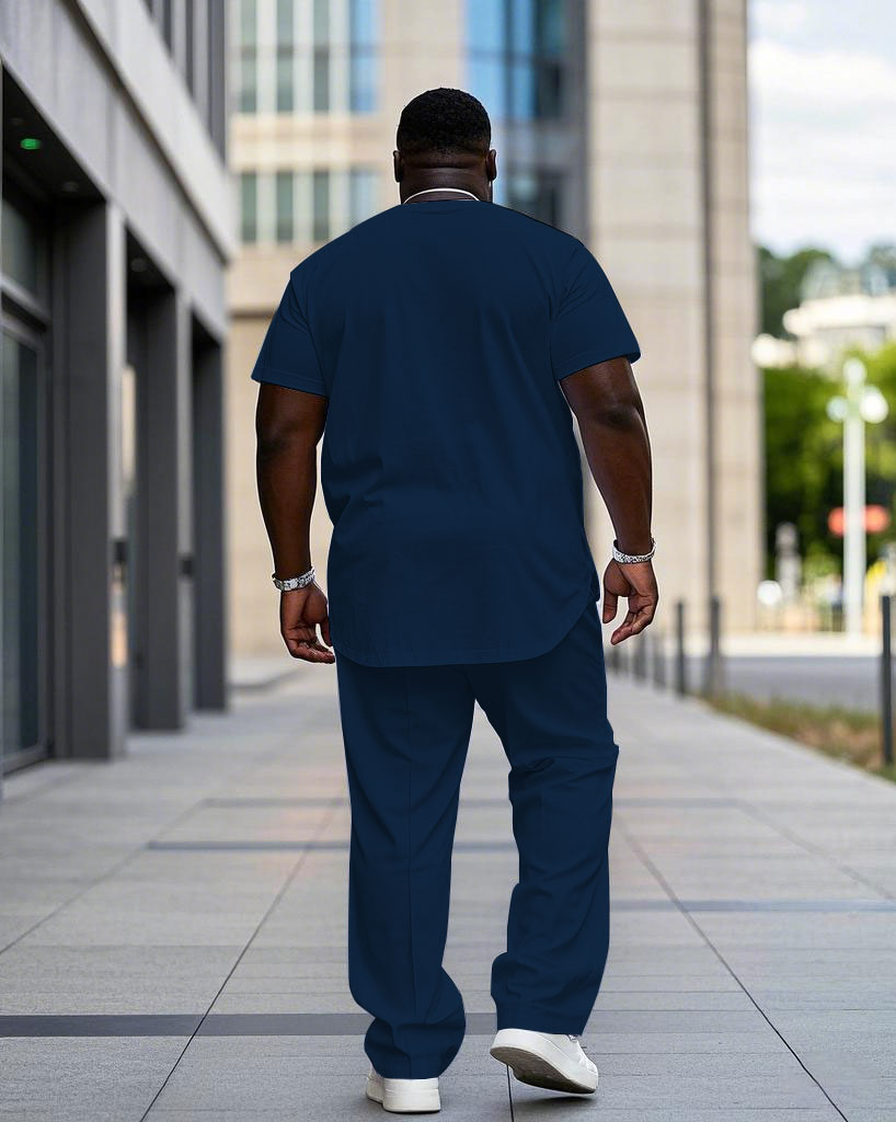 Men's Plus Size Sapphire & Yellow Colorblock Small Label Printed Short-Sleeved T-Shirt Trousers Suit