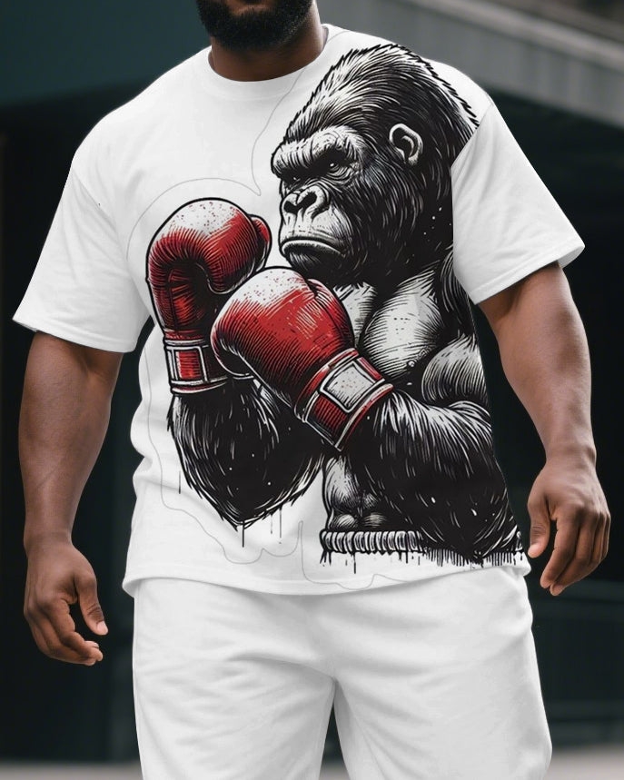 Big & Tall Men's Cartoon Boxing Gorillas Print Casual Short-Sleeved T-shirt and Short Set