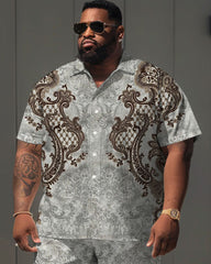 Men's Plus Size Daily Casual Simple Grey Retro Geometric Full Print Shirt Shorts Suit