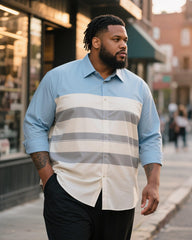 Big & Tall Men's Business Blue White Grey Contrast Stripe Printed Long Sleeve Shirt