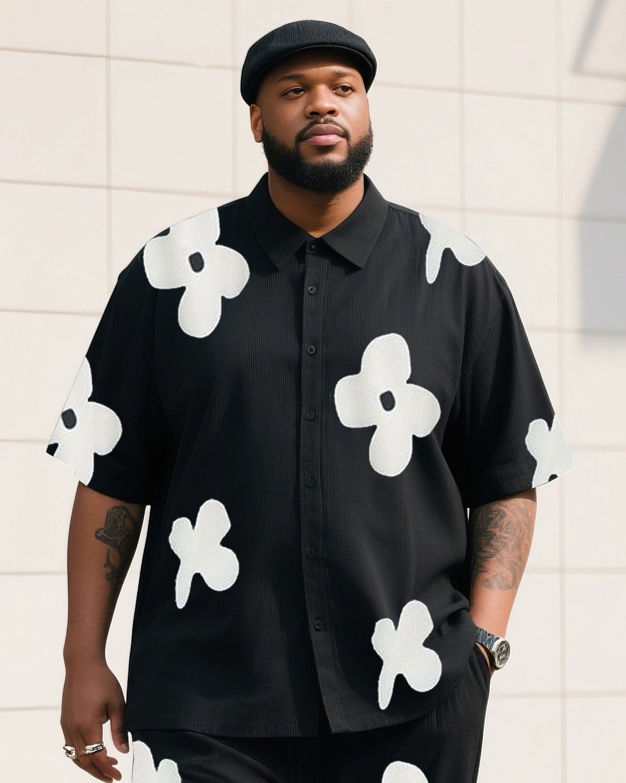 Big Boy Daily Casual Black Simple Print Short Sleeve Shirt Trousers Suit