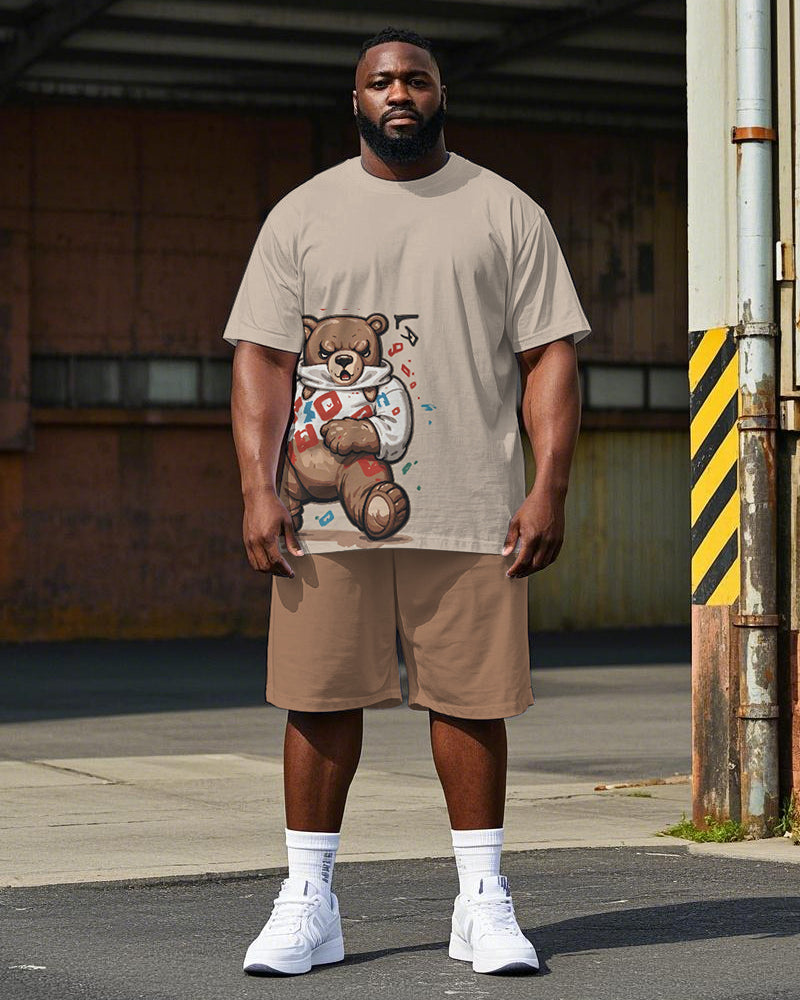 Big Men's Hip Hop Cute Cartoon Bear Printed Casual Short Sleeve T-shirt Shorts Set