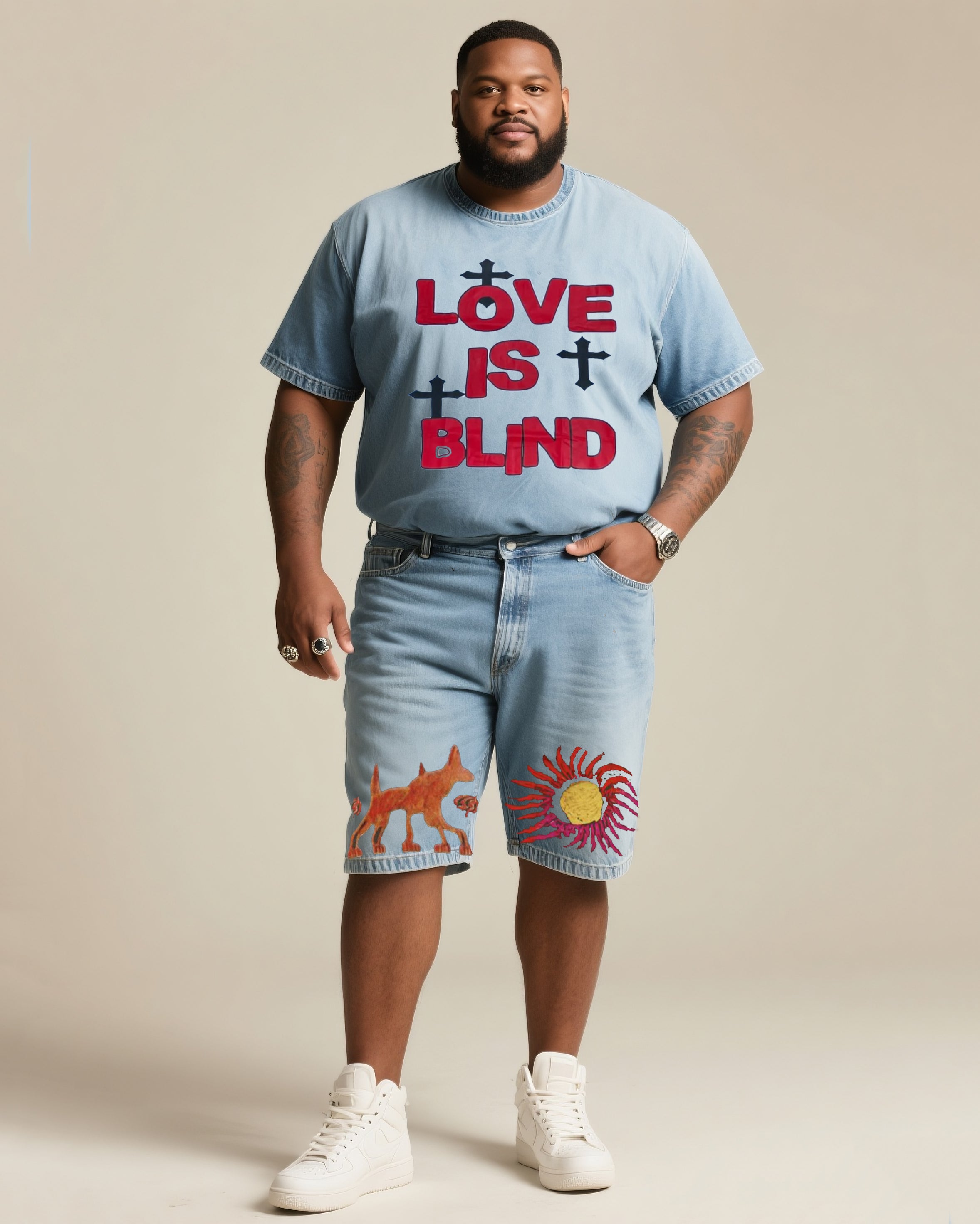 Big Shot Fashion Street Letter Love Is Blind Print Short Sleeve Shorts Denim Suit