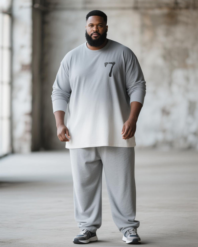 Big & Tall Men's Gray Gradient Number 7 Printed Long Sleeve T-Shirt Pants Suit