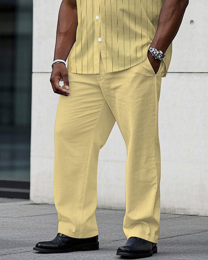 Men's Plus Size Business Fashion Yellow Striped Short Sleeve Shirt Trousers Suit