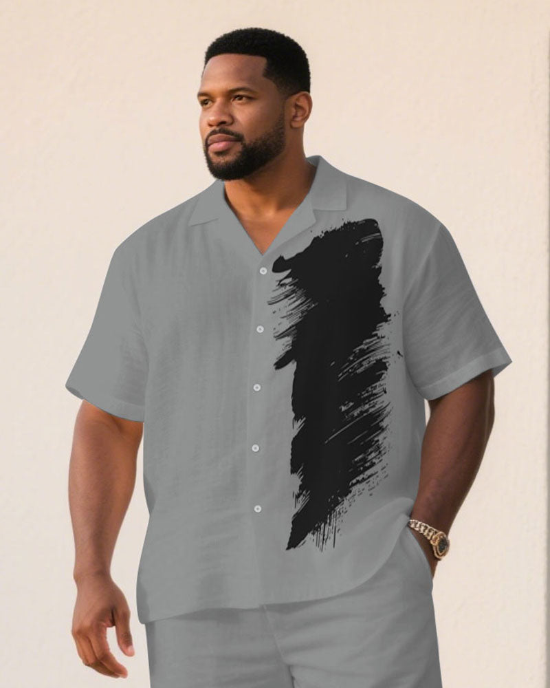 Men's Plus Size Grey & Black Personality Art Brush Print Short Sleeve Shirt Shorts Suit