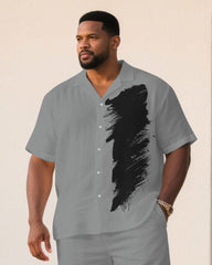 Men's Plus Size Grey & Black Personality Art Brush Print Short Sleeve Shirt Shorts Suit