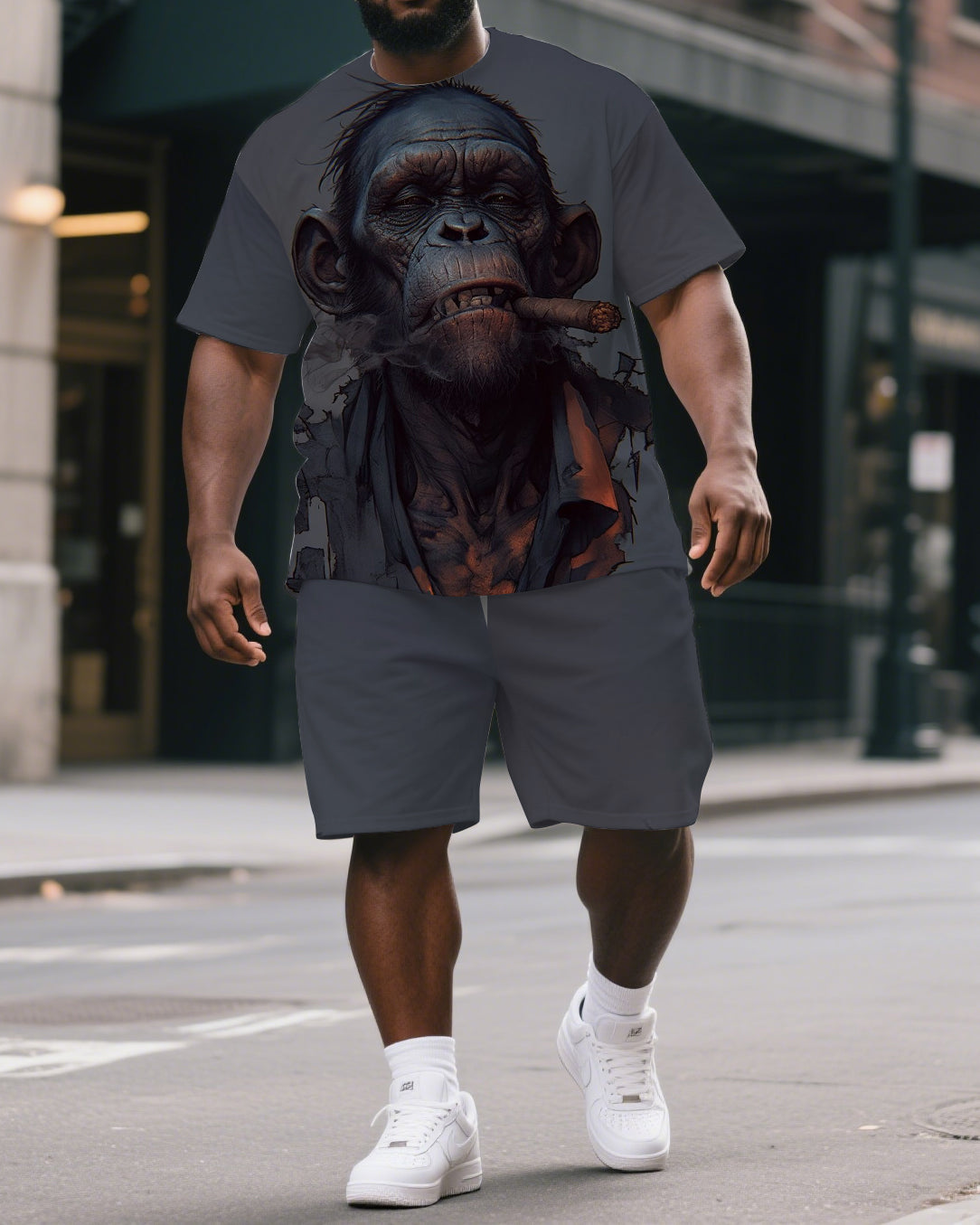 Big & Tall Men's Street Fashion Smoking Gorillas Print Short Sleeve T-shirt and Short Set