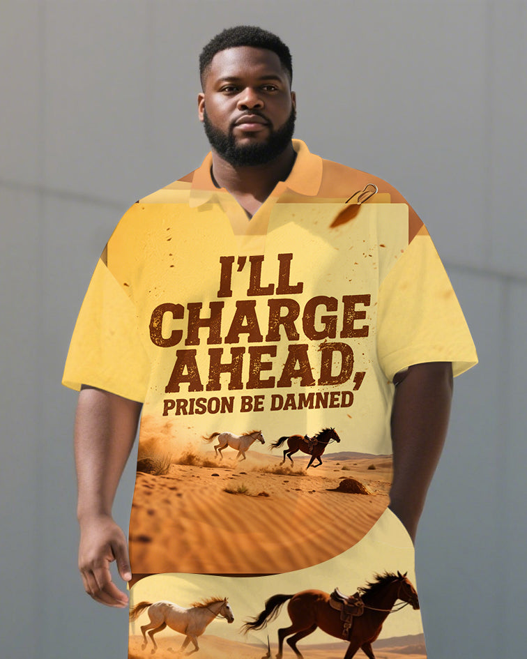 Big Men's I'LL CHARGE AHEAD Running Horse Printed Casual Short Sleeve Polo Shirt Shorts Set