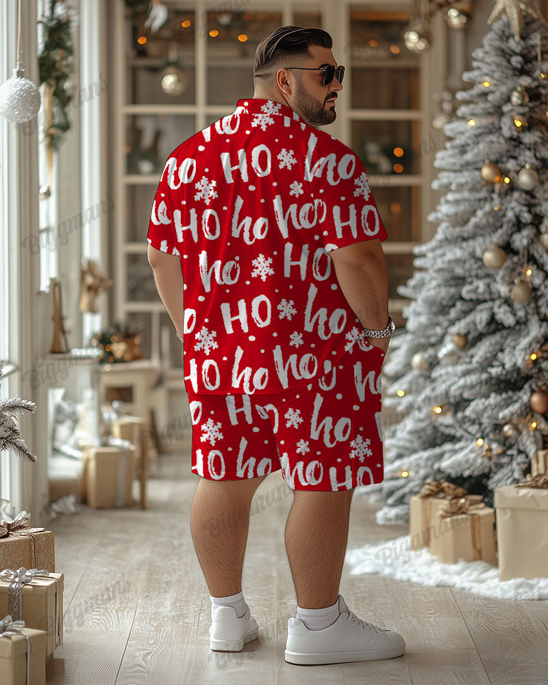 Big Men's Christmas Red Cartoon Letter Print Short Sleeve Shirt Shorts Set